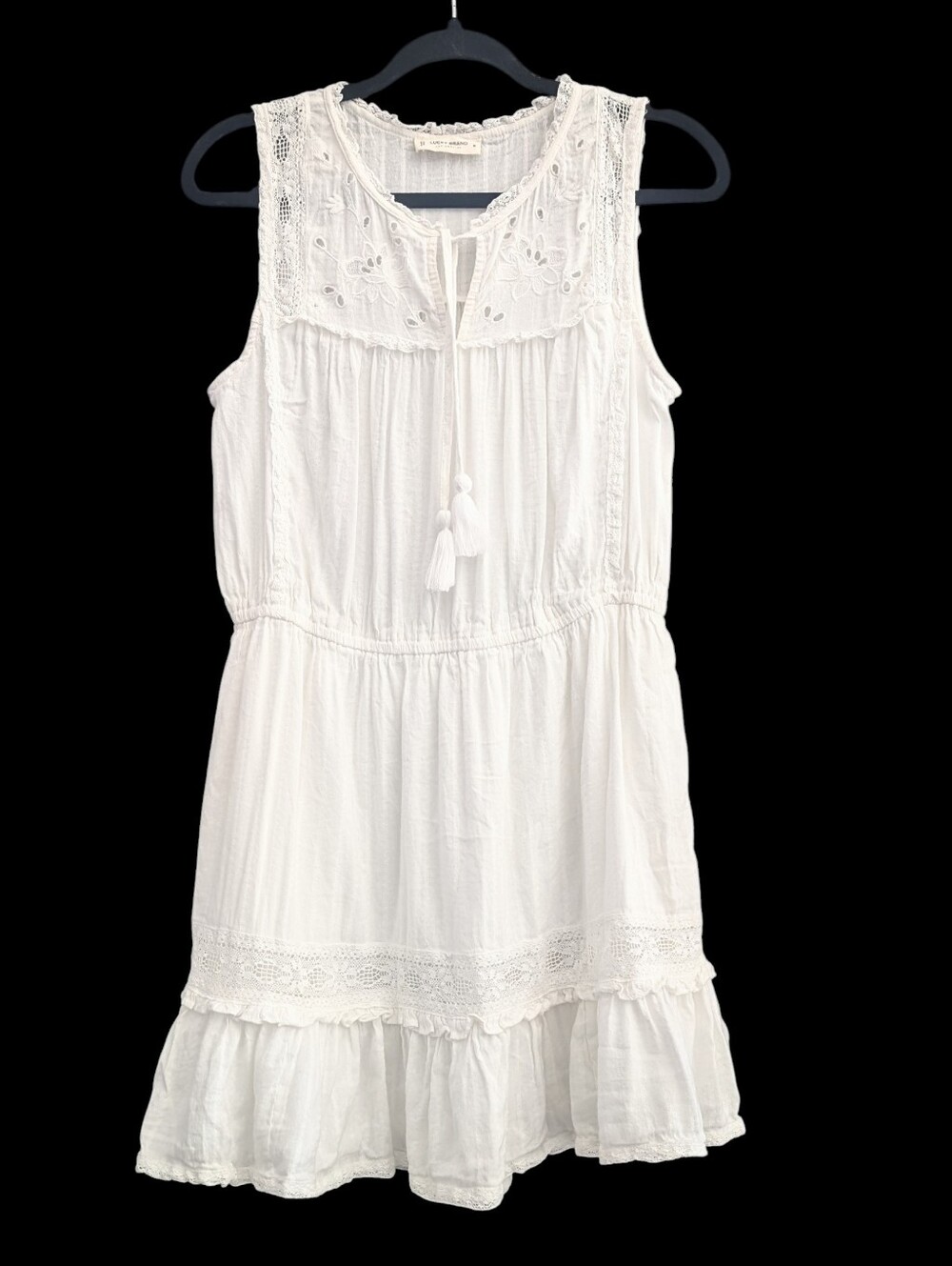 Lucky Brand White Cotton Blend Dress with Lace & Embroidery